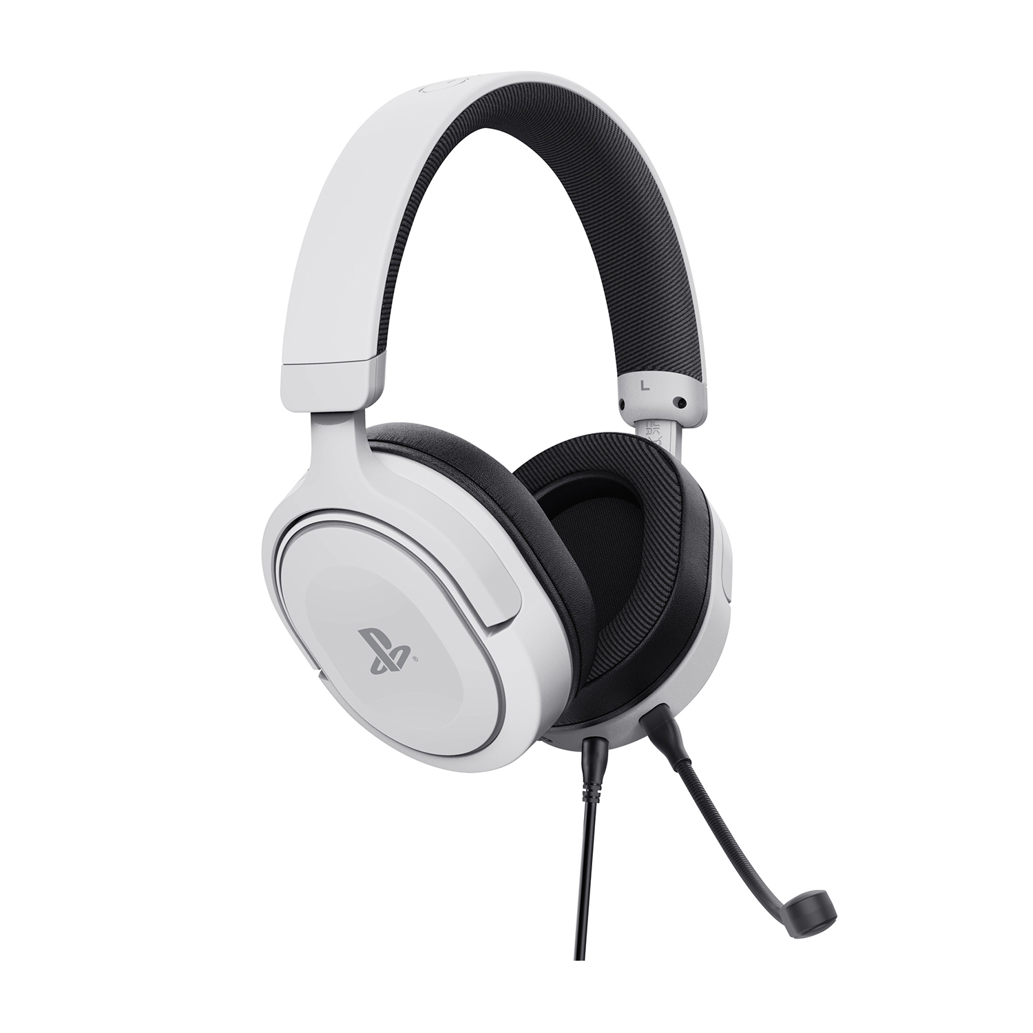 Cuffie da gioco PlayStation bianche. Le cuffie hanno un microfono e sono angolate verso l'alto.