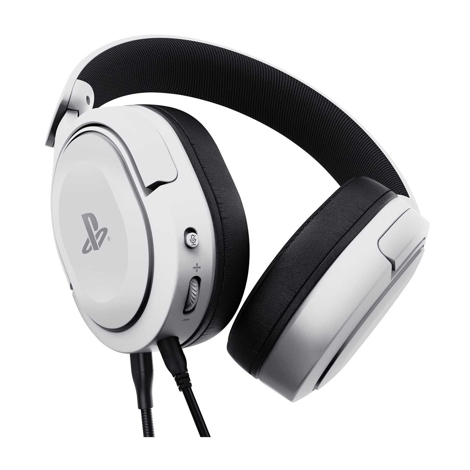 Cuffie da gioco bianche e nere con il logo PlayStation e un cavo nero. Sfondo bianco.
