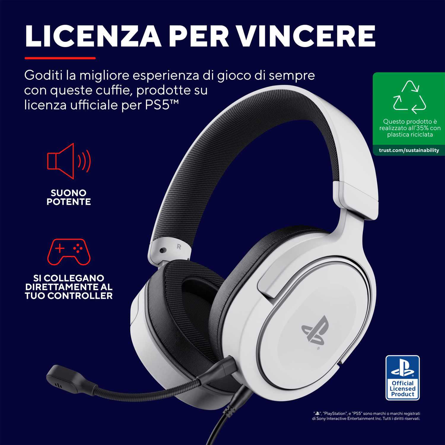 Cuffie PlayStation bianche e nere con microfono. Etichette di testo e logo visibili.