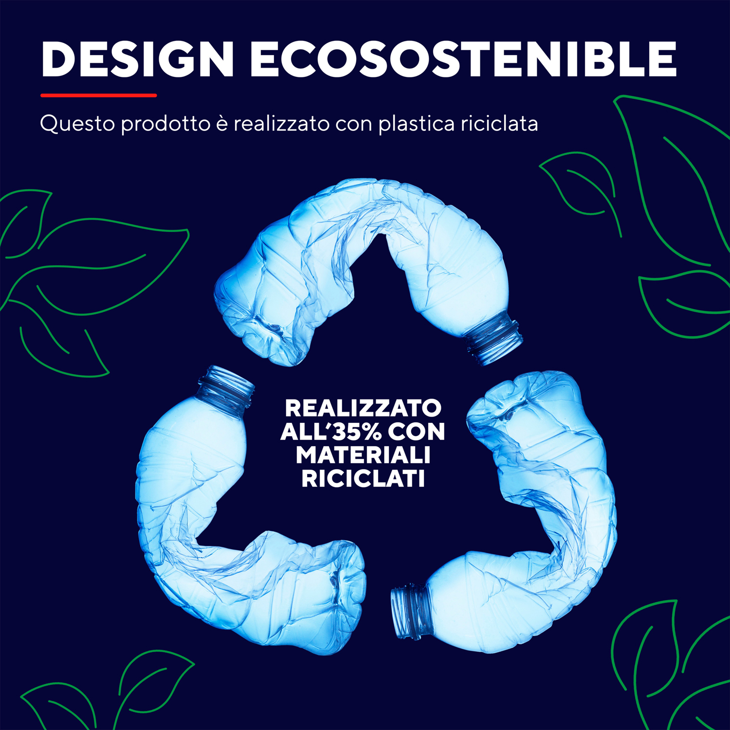 Simbolo di riciclaggio blu fatto di bottiglie di plastica, con testo: 'Realizzato con il 35% di materiali riciclati'.