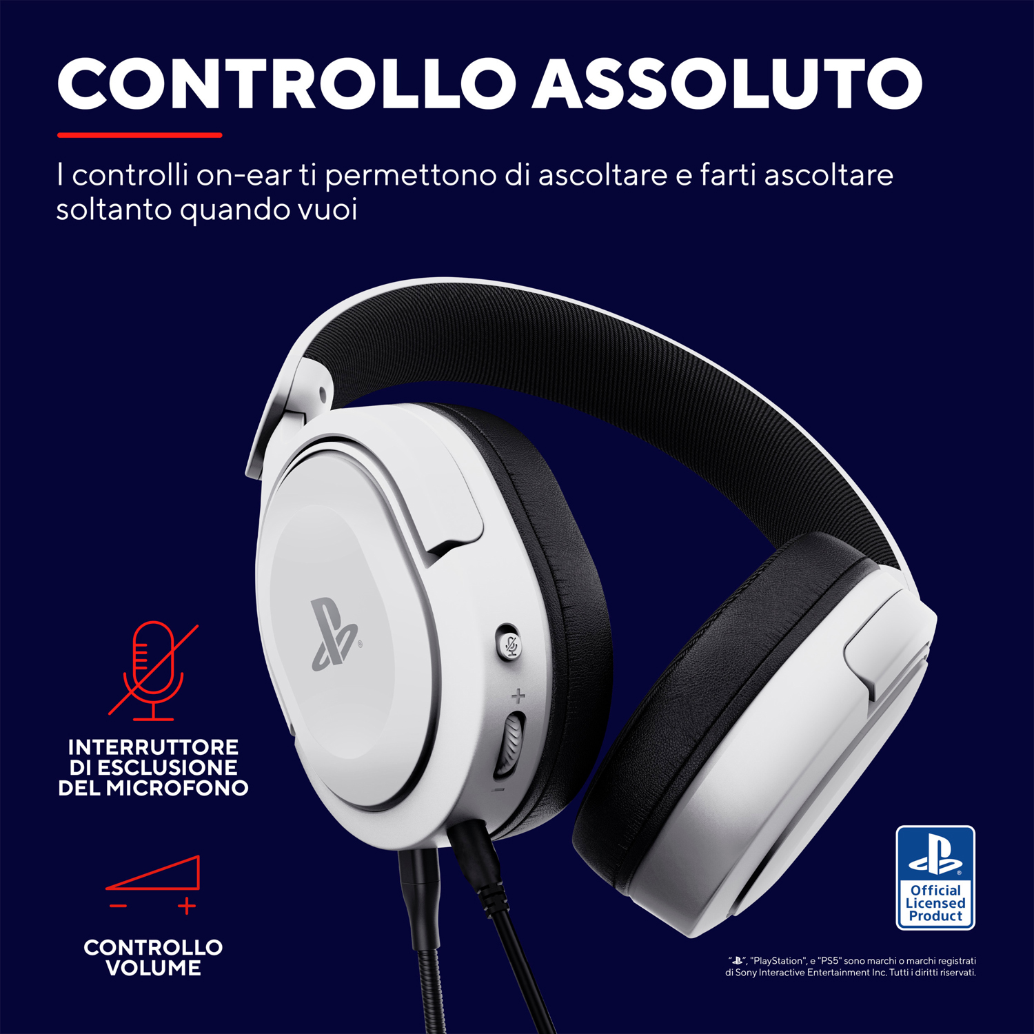 Cuffie bianche con pulsante mute del microfono e controllo del volume. Il design include un logo PlayStation.