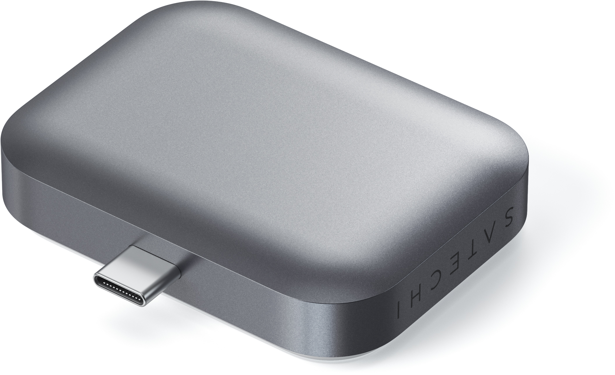 Egy szürke Satechi USB-C hub, USB-C porttal.