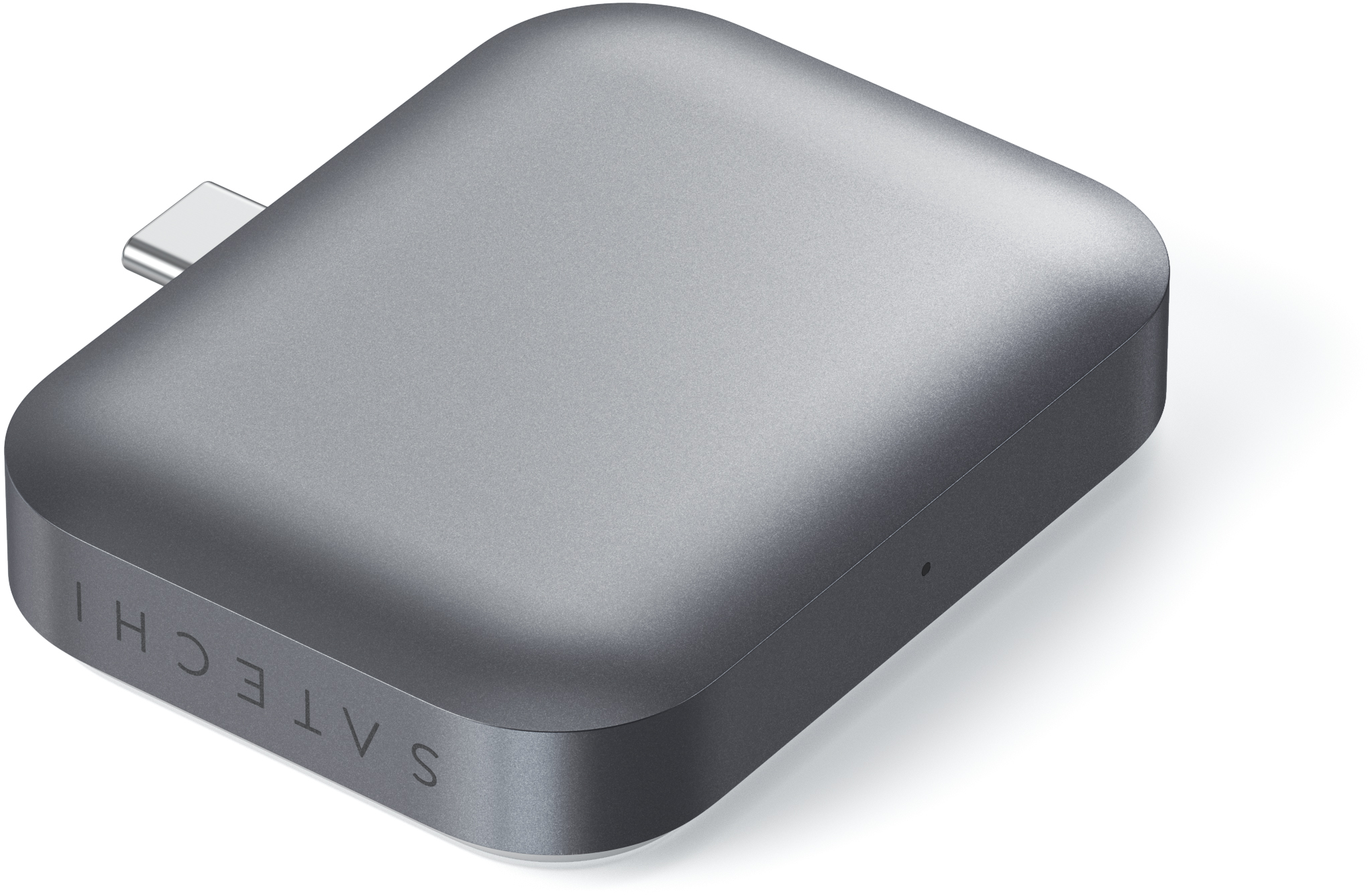 Szürke Satechi USB-C hub, szögletes nézet. USB-C port látható balra.