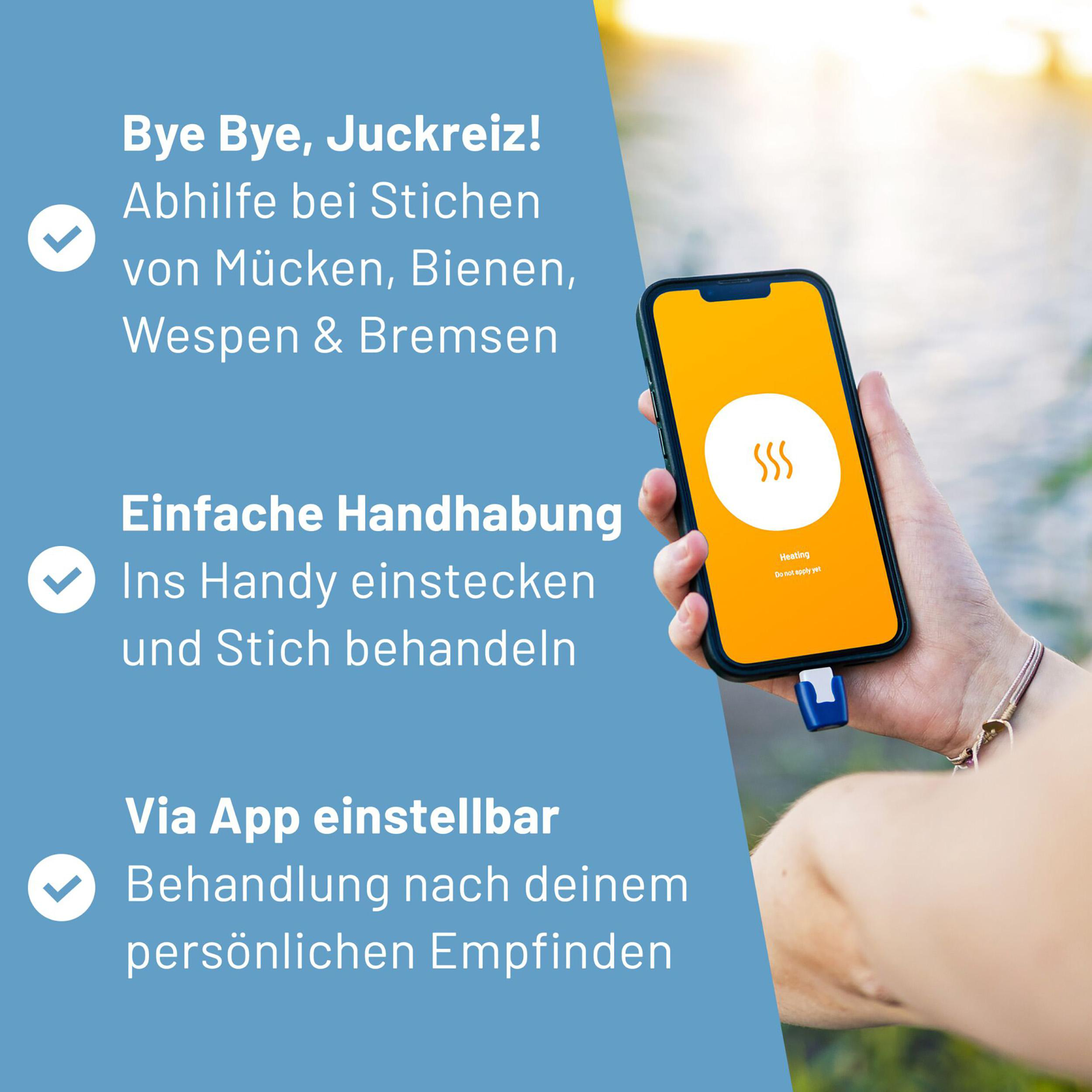 Eine Hand, die ein Telefon mit einer medizinischen App hält. Text auf Deutsch über Linderung bei Stichen und einfache Handhabung.