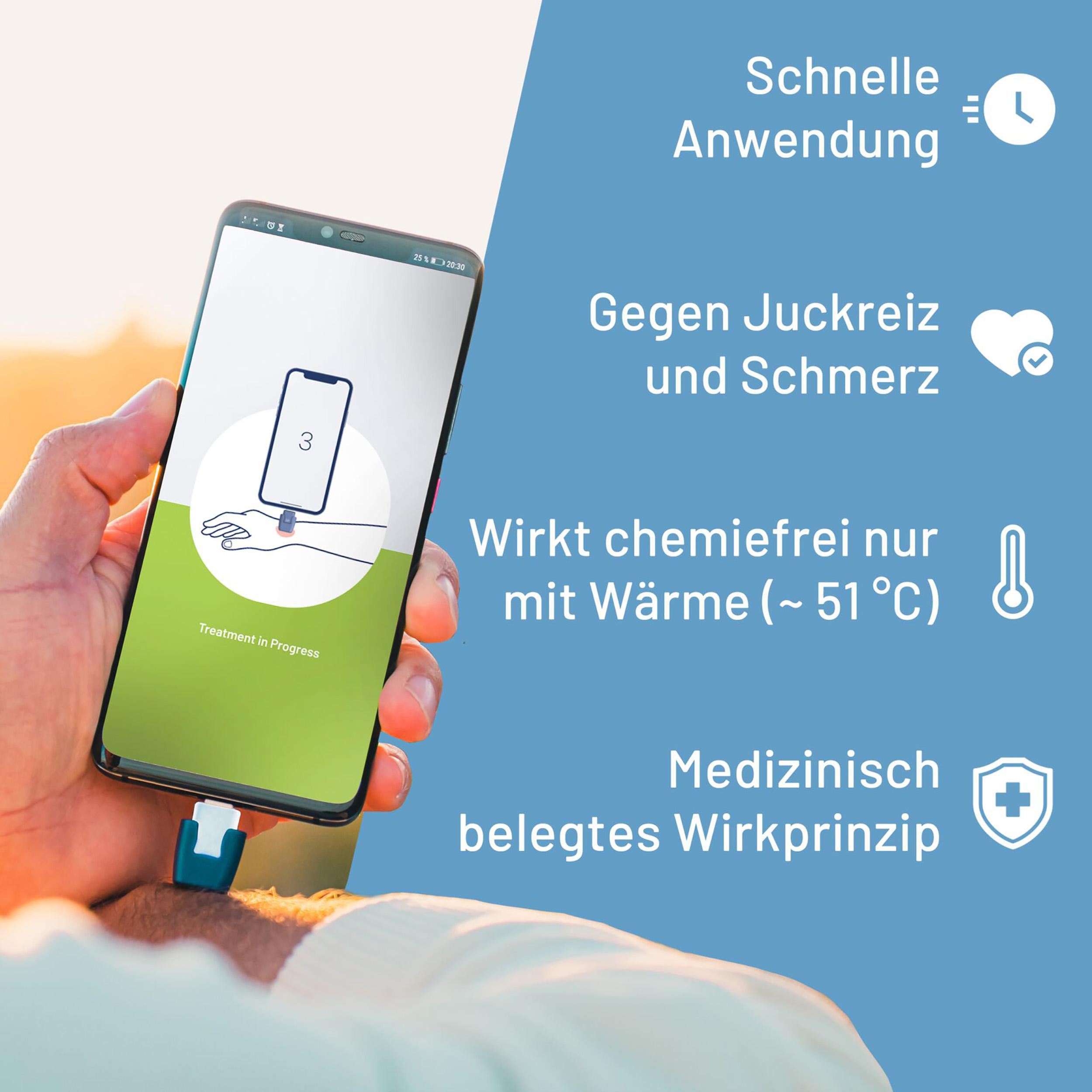 Hand mit Gerät am Handgelenk, Telefon mit App und Text zur Behandlung.