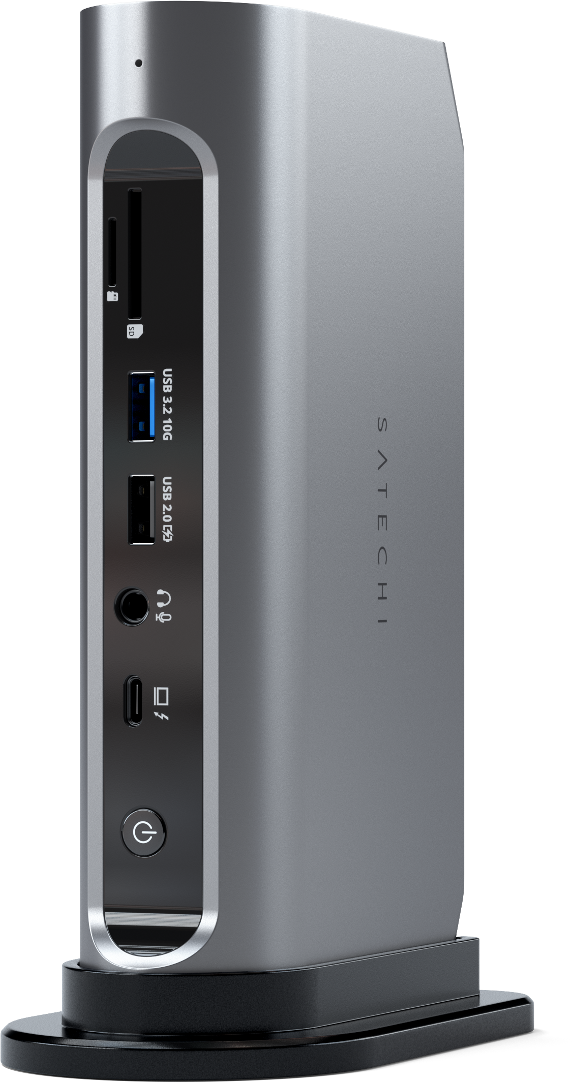 Satechi ezüst USB-C hub portokkal és bekapcsológombbal, fekete állványon.
