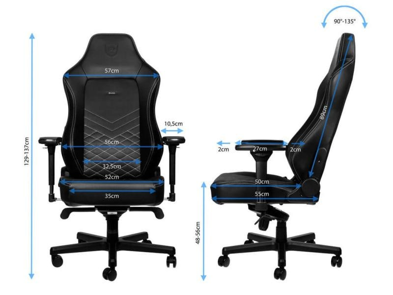 Disegno tecnico di una sedia da gioco nera con misure dettagliate e frecce.
