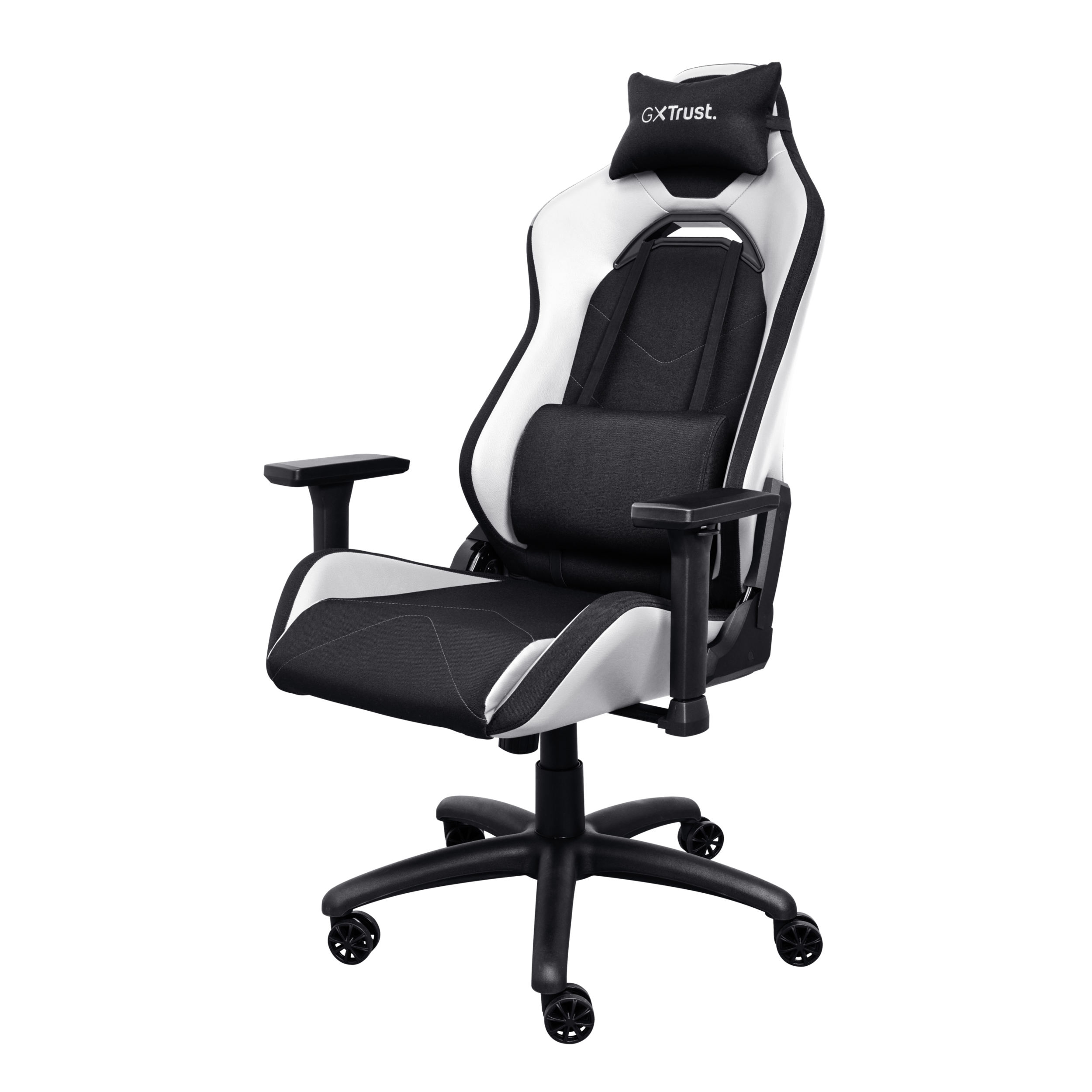 Sedia da gioco GXTrust nera e bianca con ruote su sfondo bianco.