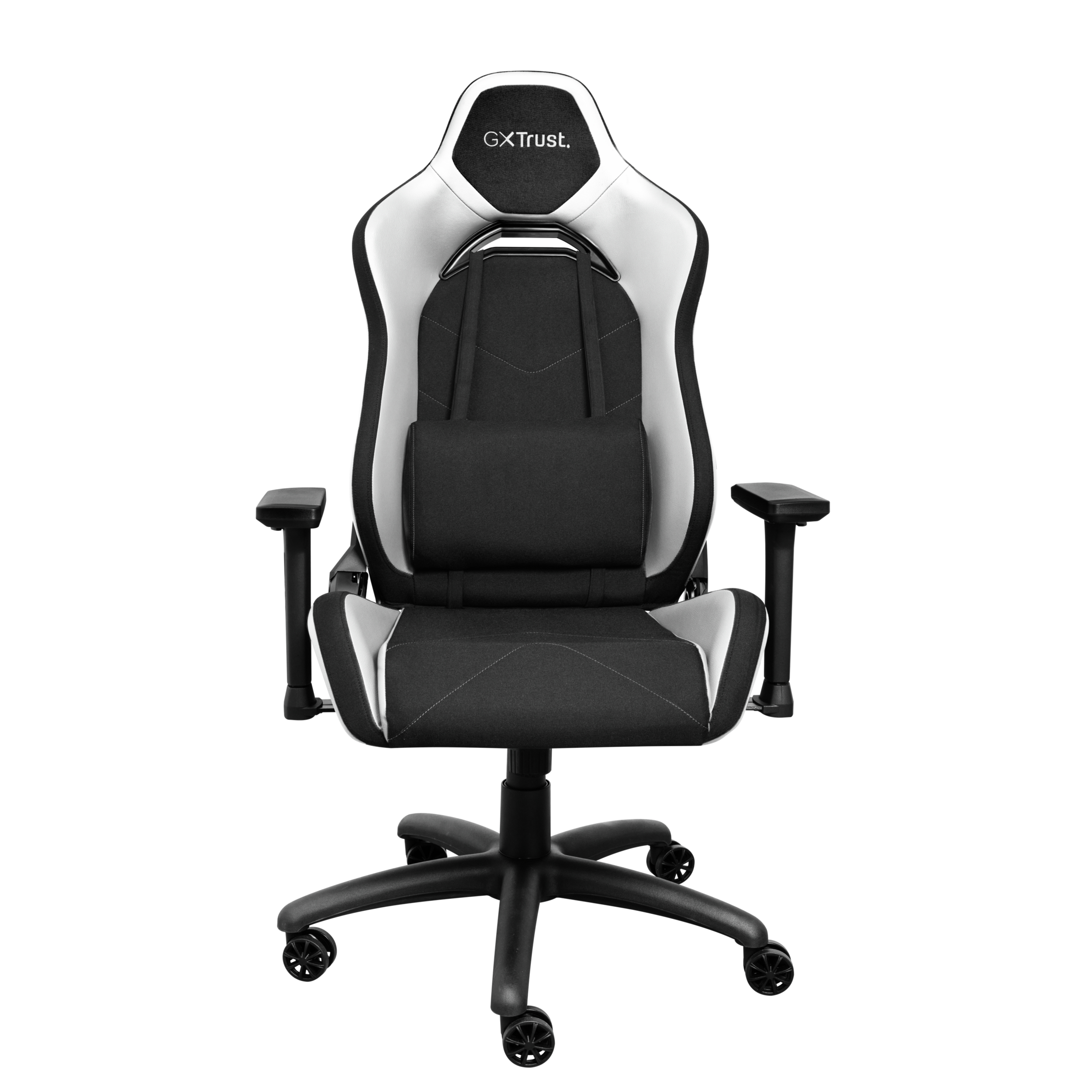 Una sedia da gioco GXTrust nera e bianca con braccioli, cuscino lombare e ruote su sfondo bianco.