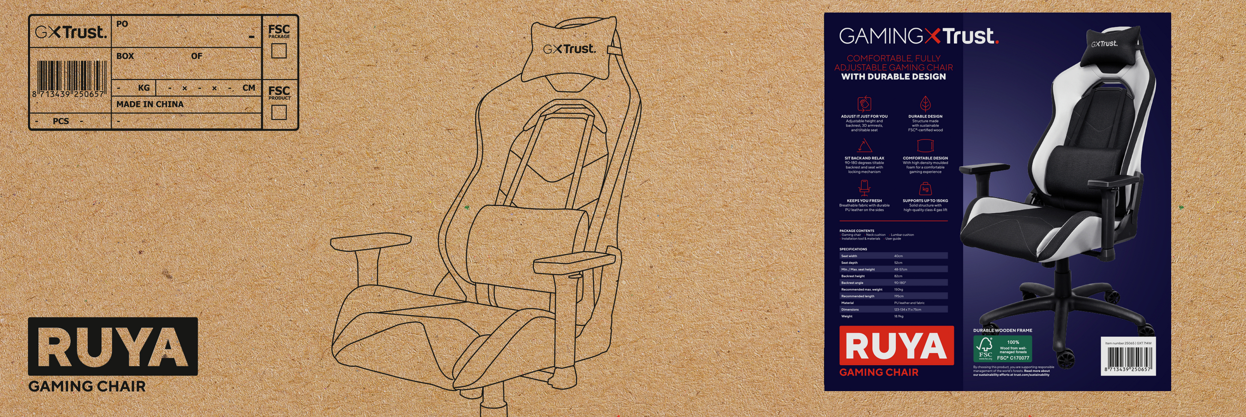 Design della confezione per la sedia da gioco Ruya con codice a barra, disegno al tratto della sedia e foto.