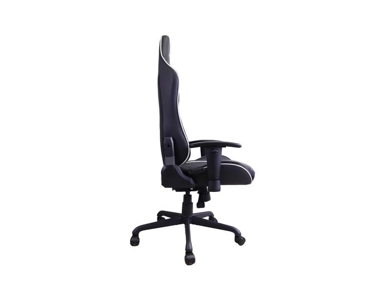 Sedia da gaming nera e bianca con braccioli, ruote e schienale alto, su sfondo bianco.