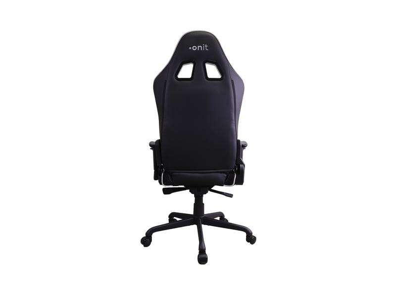 Sedia da gaming nera vista da dietro. Ha uno schienale alto con due fori, braccioli e una base a cinque stelle con ruote. Il marchio è 'onit'.