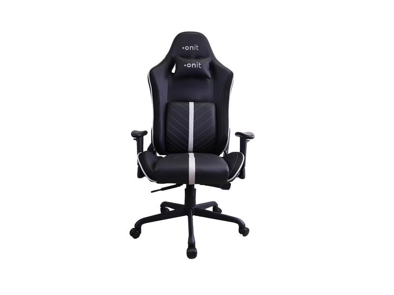 Una sedia da gaming bianca e nera con il marchio "onit" sul poggiatesta. Ha braccioli e una base a cinque punte con ruote.