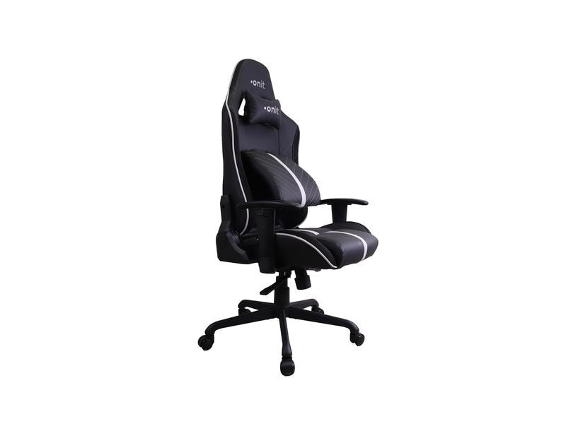 Sedia da gaming bianca e nera con poggiatesta e supporto lombare. La sedia ha ruote e braccioli e presenta il marchio 'onit'.
