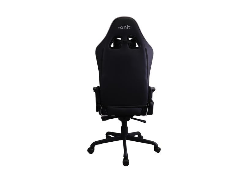 Sedia da gaming nera e bianca, vista posteriore. La sedia presenta la scritta 'onit' sul poggiatesta. Include braccioli e base a cinque stelle.