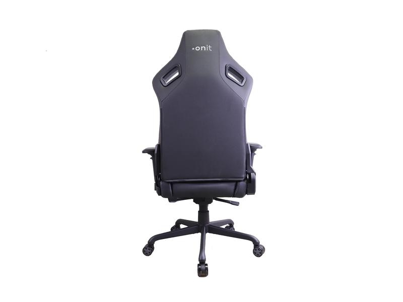 Sedia da gaming nera, vista posteriore. Ha un poggiatesta con logo 'onit' e una base a cinque stelle con ruote, su sfondo bianco.