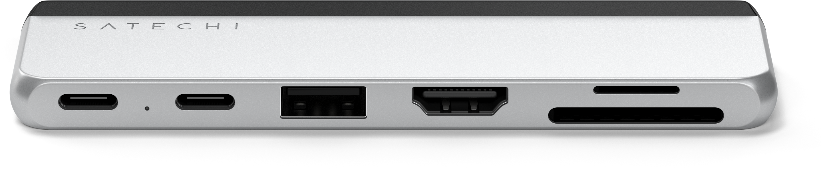 Ezüst Satechi hub több porttal: USB, HDMI, SD kártya és USB-C.