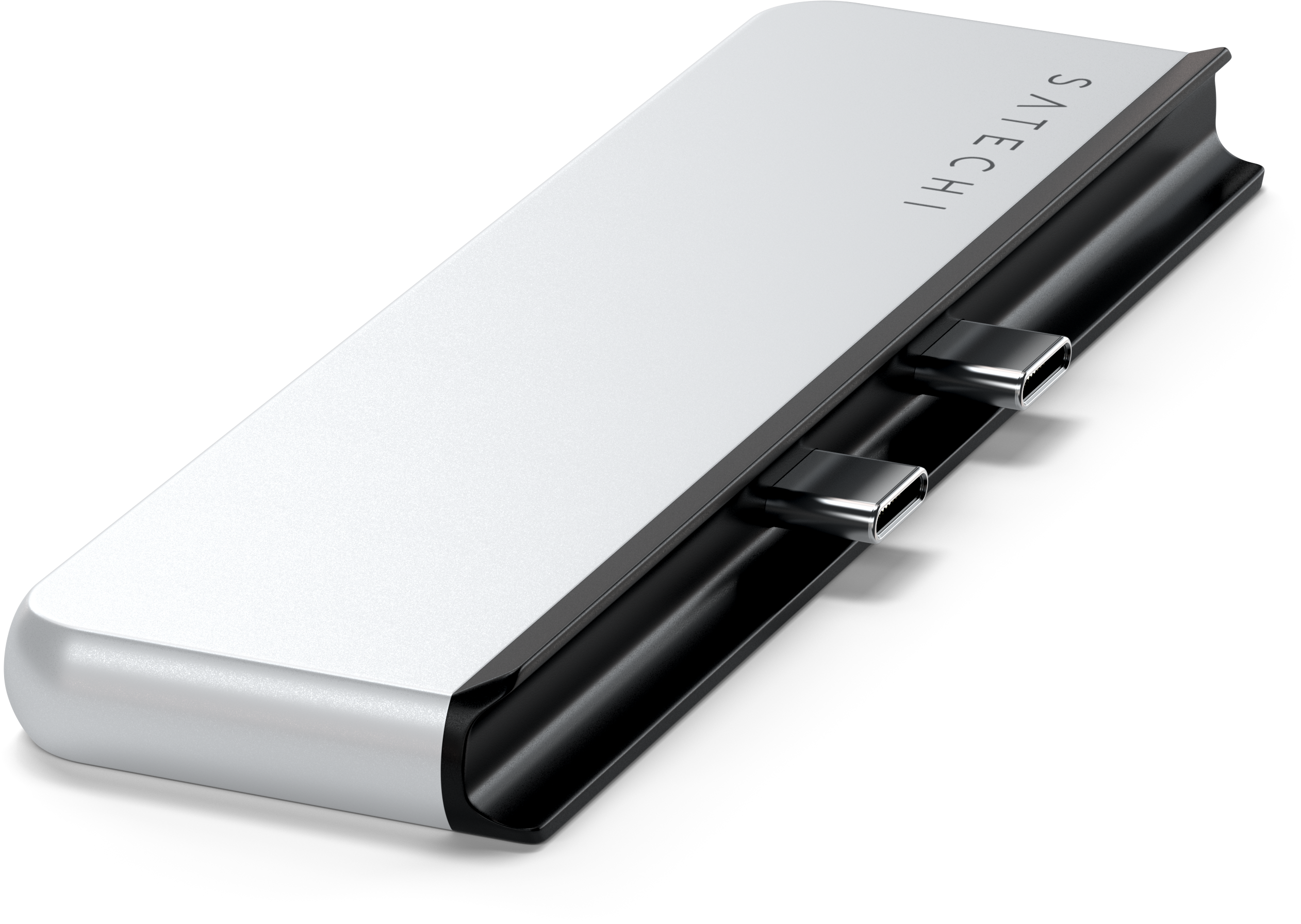 Ezüst és fekete Satechi USB-C hub. Két USB-C port és téglalap alak.