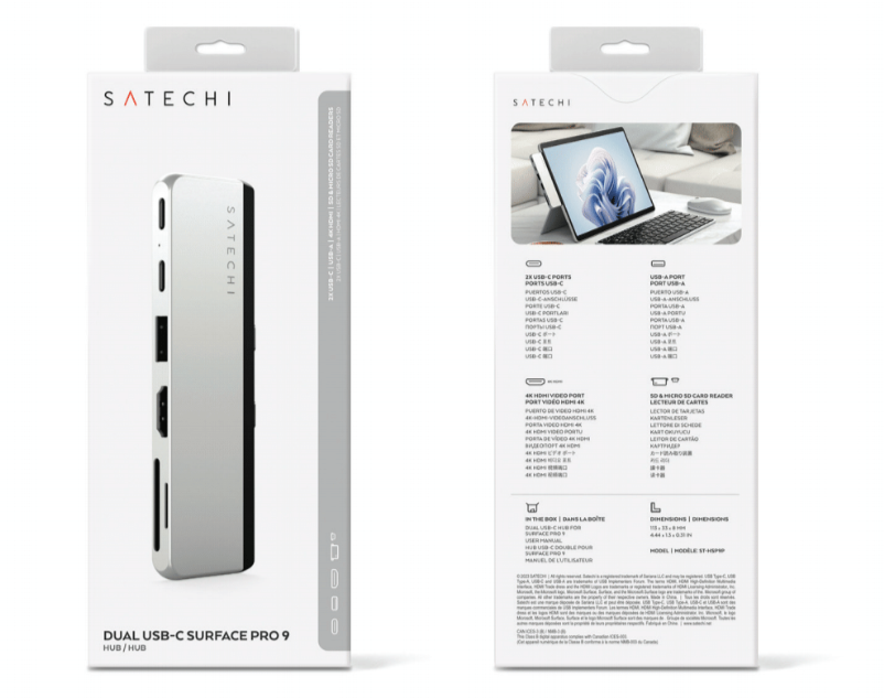 Satechi dual USB-C Surface Pro 9 hub doboz. Fehér doboz termékadatokkal és laptop képpel.