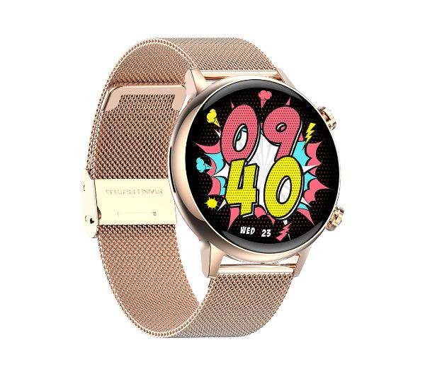 Zegarek smart rose gold z okrągłą tarczą i paskiem ze stali nierdzewnej.