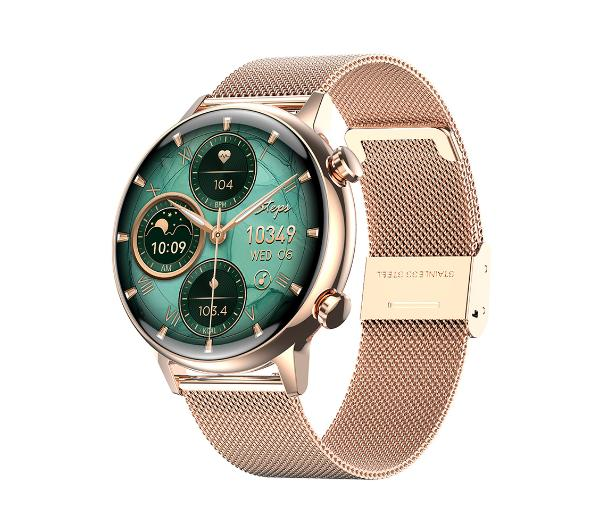 Zegarek smartwatch w kolorze różowego złota z siatkowym paskiem, pokazujący czas, kroki i tętno.