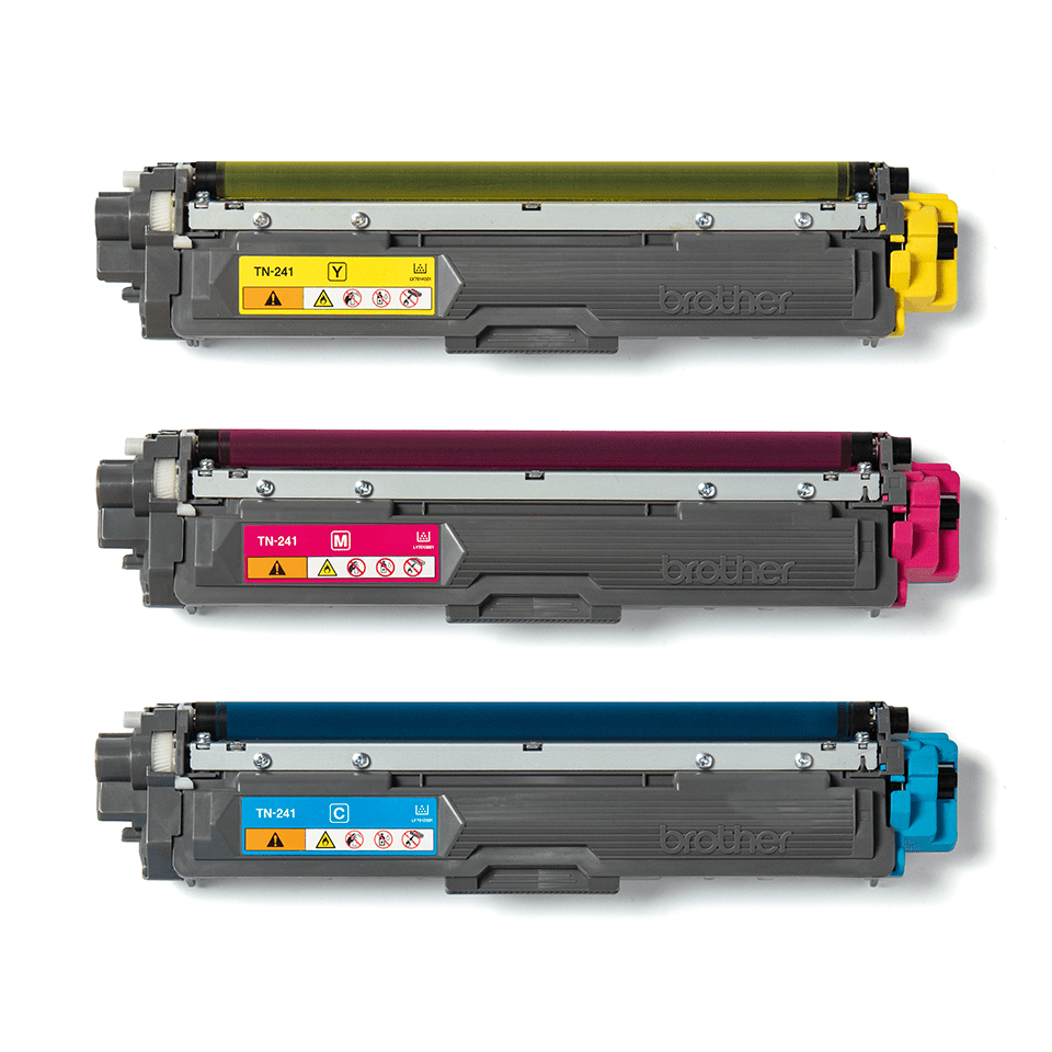 Tre cartucce toner Brother colorate: giallo, magenta e ciano, su bianco.