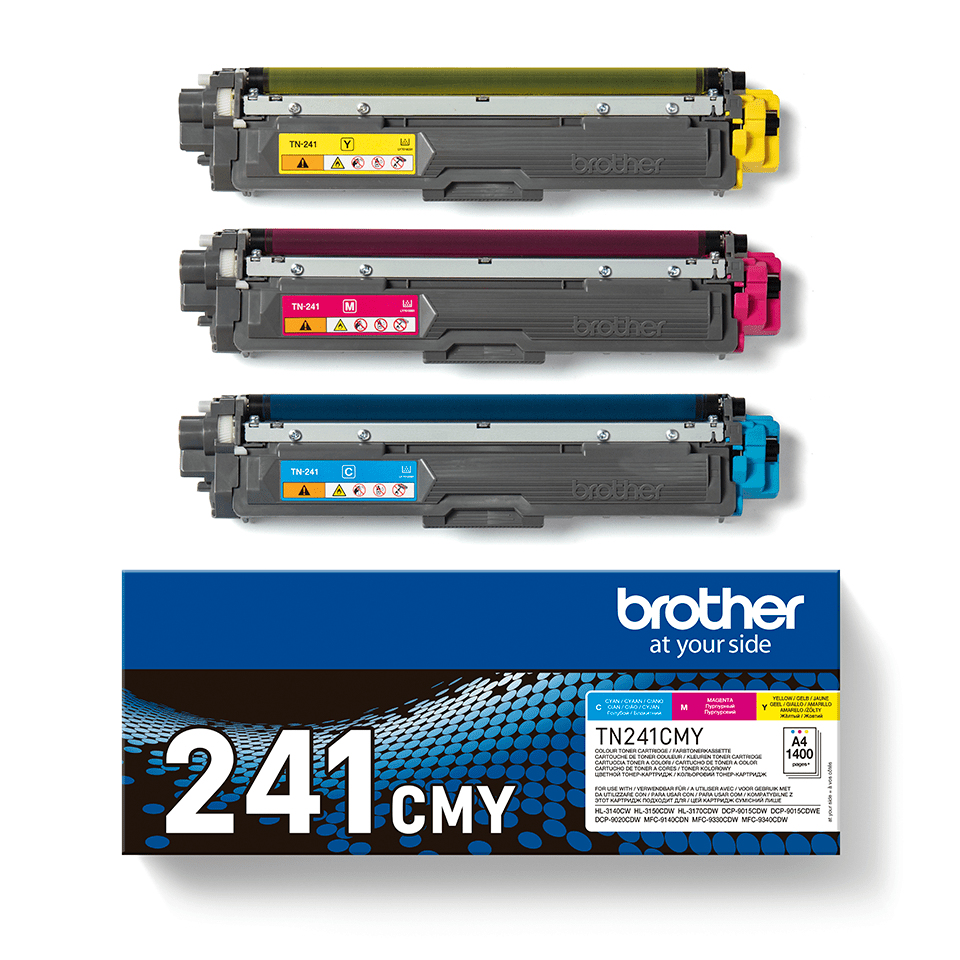 Tre cartucce toner per stampanti Brother. Giallo, magenta, ciano. Scatola blu sotto.