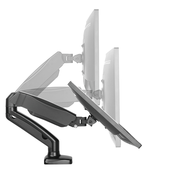 Zwei Computermonitore auf einem schwarzen, verstellbaren Arm, vor weißem Hintergrund.