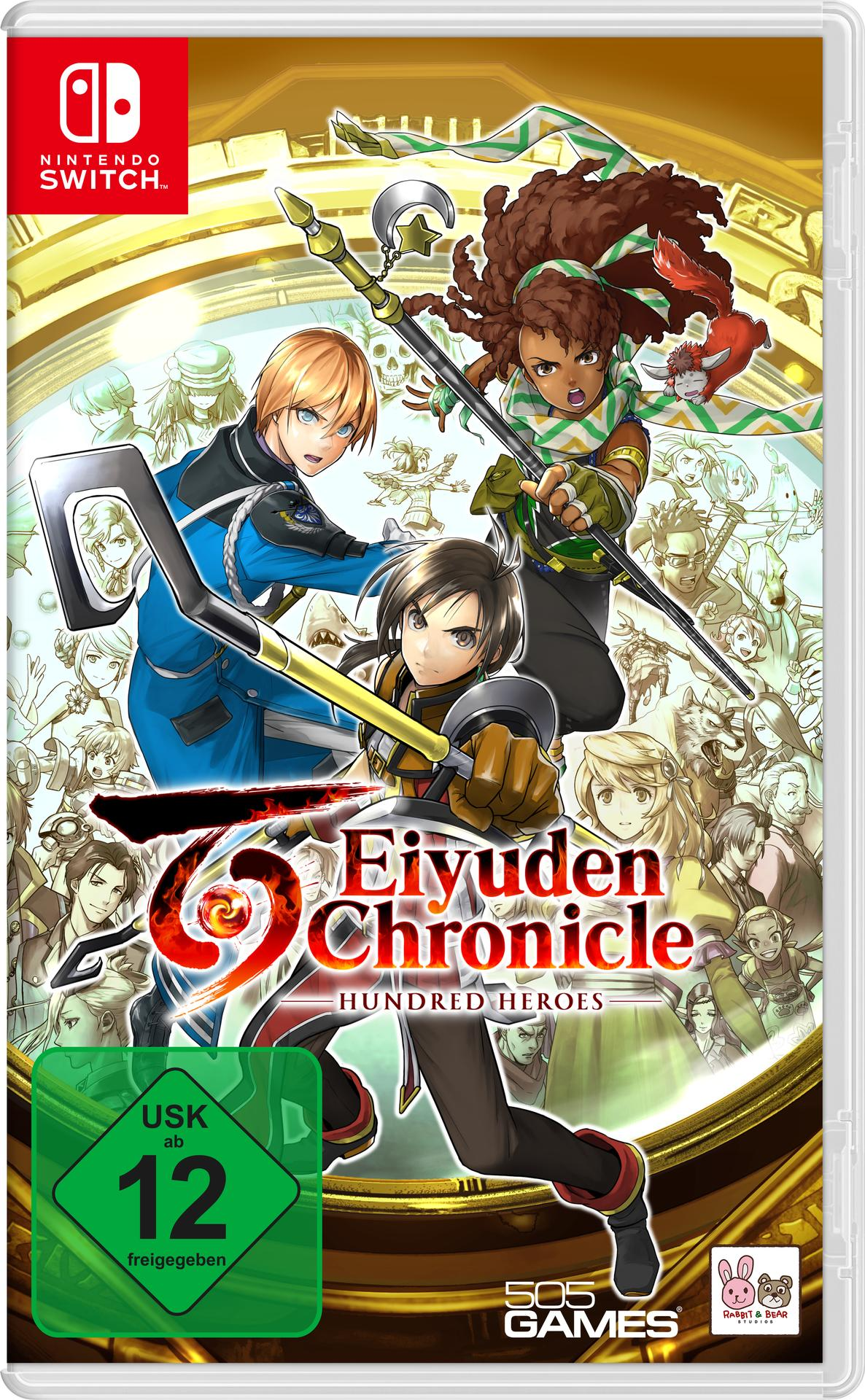 Nintendo Switch Spielebox für 'Eiyuden Chronicle: Hundred Heroes' mit farbenfroher Kunst.