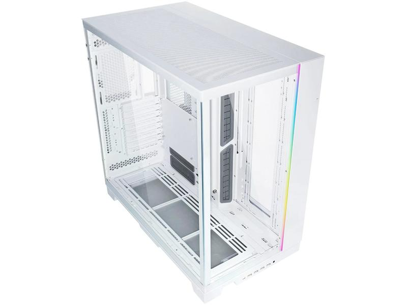 Ein weißes Computergehäuse mit Glasplatten und einem Mesh-Top. Es hat einen Regenbogen-LED-Streifen an der Seite.