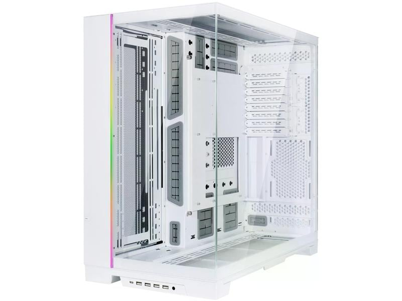 Weißes Computergehäuse mit Glasfront. Innenliegende Komponenten sichtbar. Regenbogenfarbener Lichtstreifen an der Seite. Anschlüsse unten.