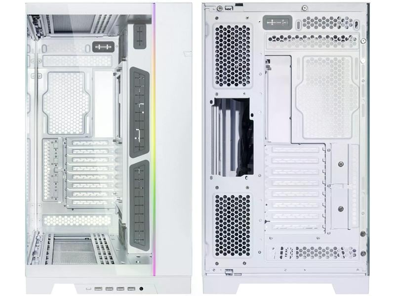 Ein weißes Computergehäuse, das geöffnet ist, um die inneren Komponenten zu zeigen. Es hat mehrere Fächer, Lüftungsöffnungen und Befestigungspunkte.