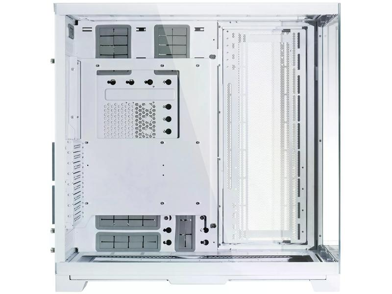 Innenansicht eines weißen Computergehäuses. Merkmale umfassen Metallgitter, verschiedene Befestigungspunkte und eine transparente Glasscheibe.