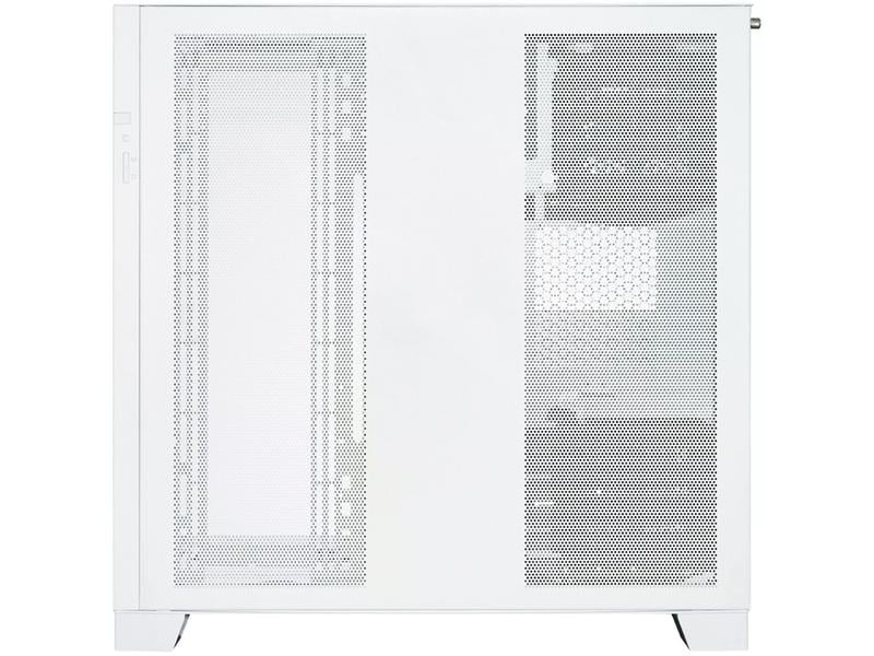Ein weißes Computergehäuse mit Lochmuster. Die Vorderseite hat zwei Bereiche, einer mit Mesh-Muster und der andere fest.