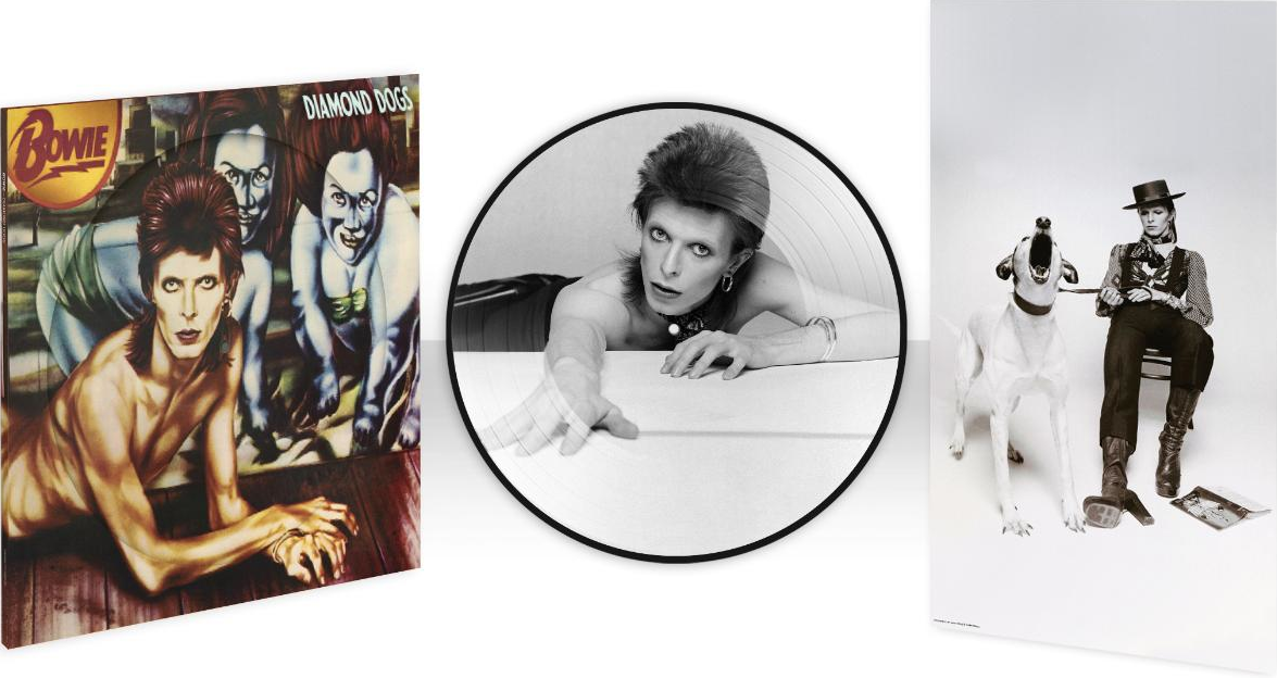 Album borító, David Bowie, Diamond Dogs. Három kép. Az elsőn egy illusztráció látható.