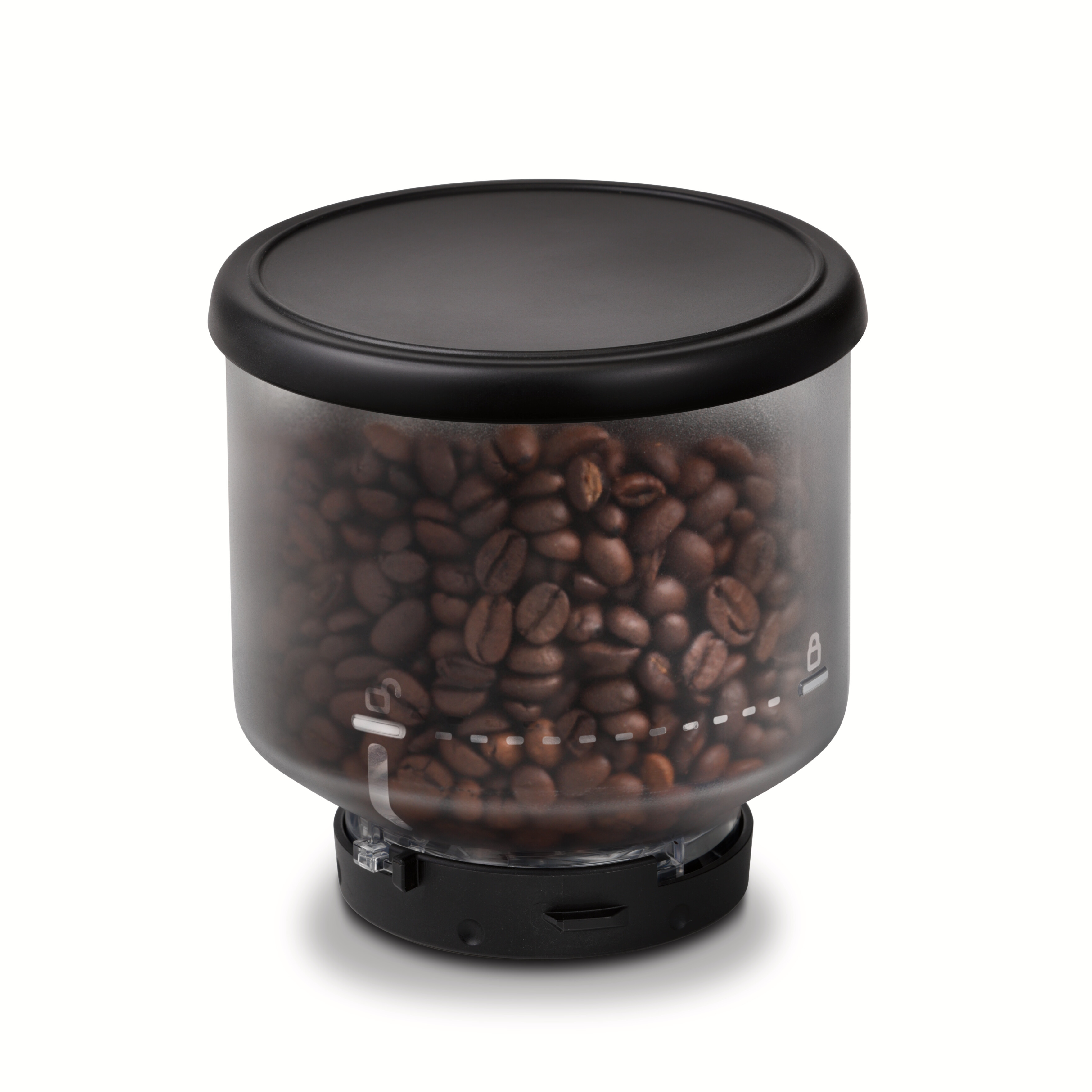 Transparenter Behälter mit Kaffeebohnen, schwarzem Deckel und Boden.