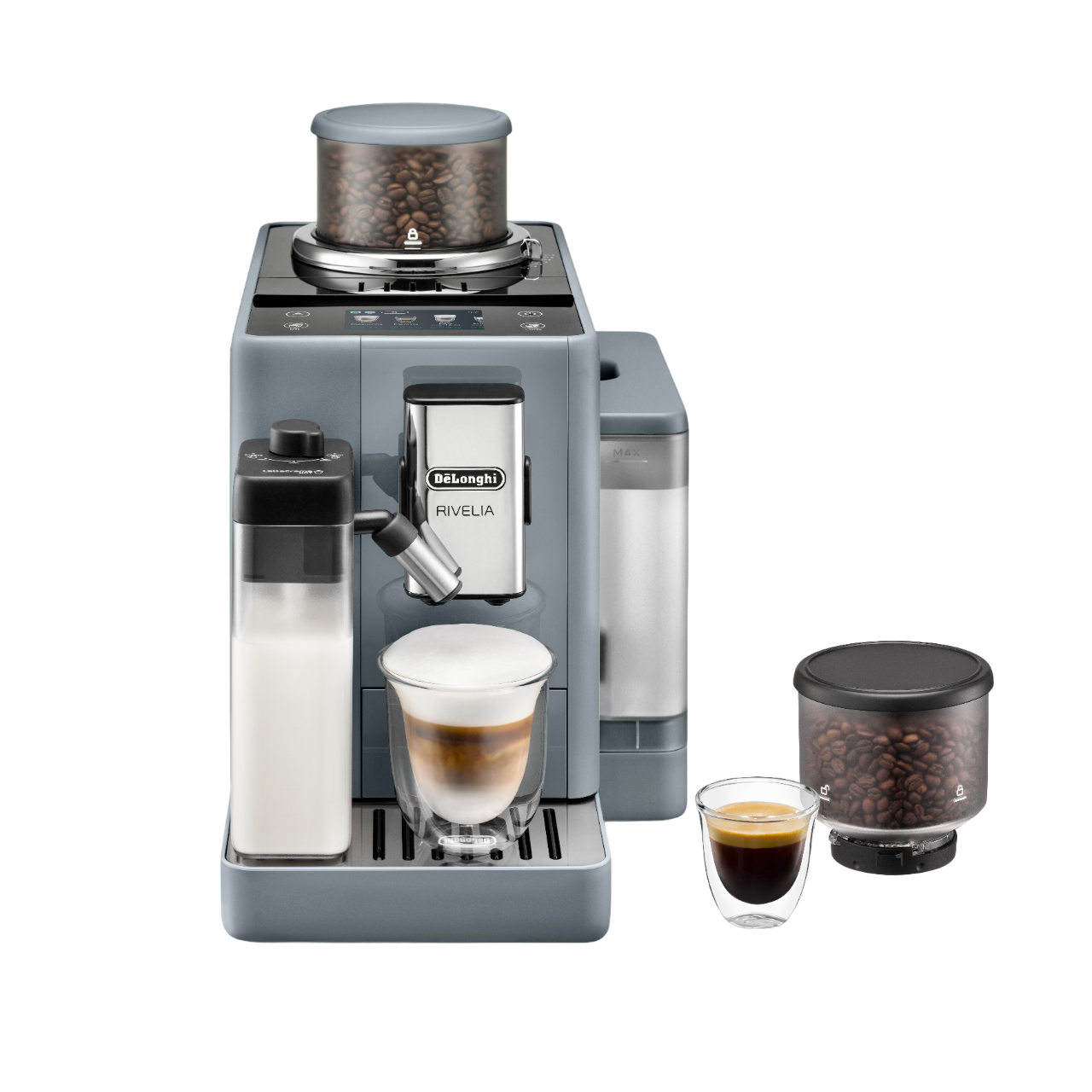 Delonghi Rivela Kaffeemaschine. Graue Maschine mit Milchbehälter und Kaffeebohnenbehälter.