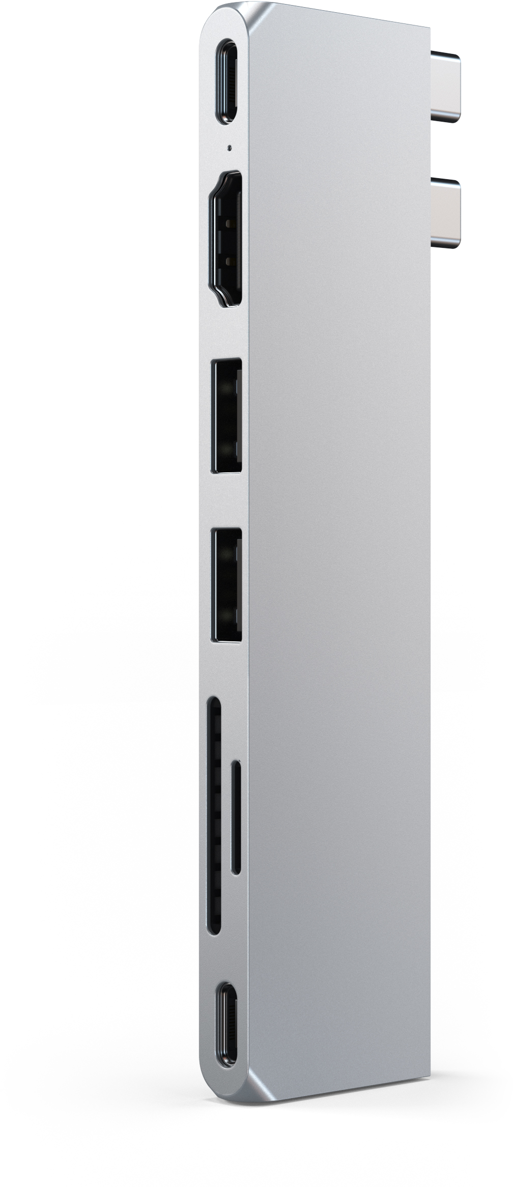 Ezüst USB-C hub több porttal, beleértve a HDMI-t és az USB-t, profilból.