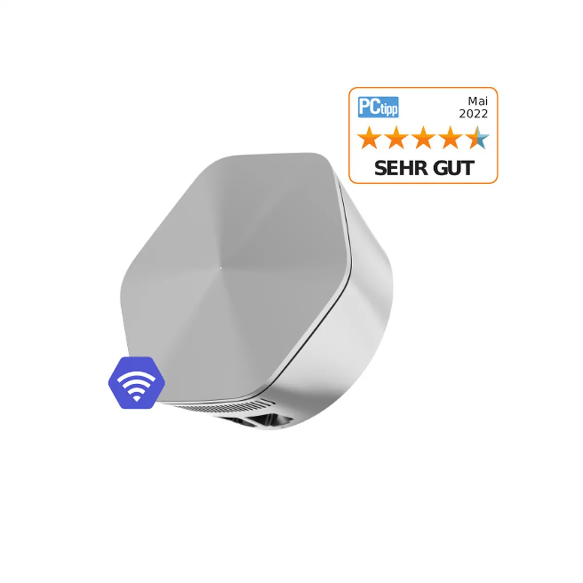 Ein weißer Router mit blauem WLAN-Symbol und PC-Tipp-Badge.