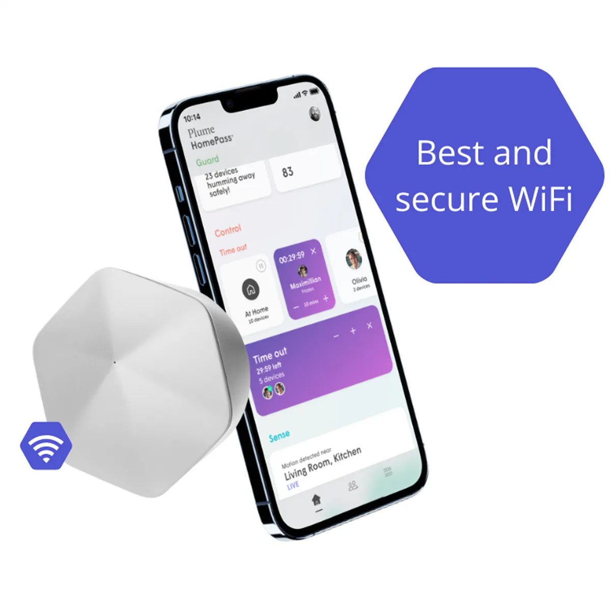 Ein Telefon mit App-Bildschirm, ein weißes Gerät und eine blaue Sechseck-Textblase.