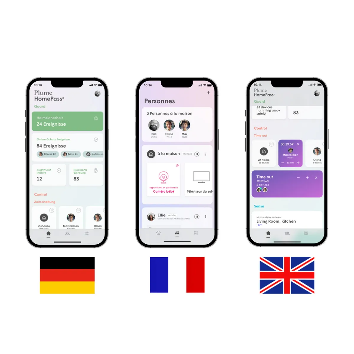 Drei Telefonbildschirme mit App-Oberflächen auf Deutsch, Französisch und Englisch, zusammen mit Flaggen.