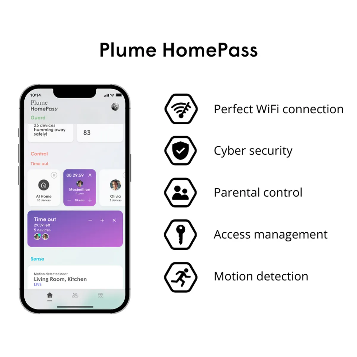 Ein Telefon, das die Benutzeroberfläche der Plume HomePass-App mit mehreren Symbolen und Text zeigt.