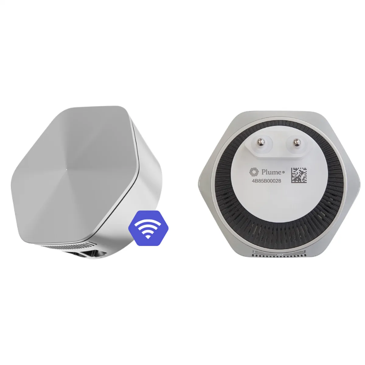 Sechseckiger Plume-Router. Eine Ansicht zeigt die Oberseite, die andere Seite mit WLAN-Logo.