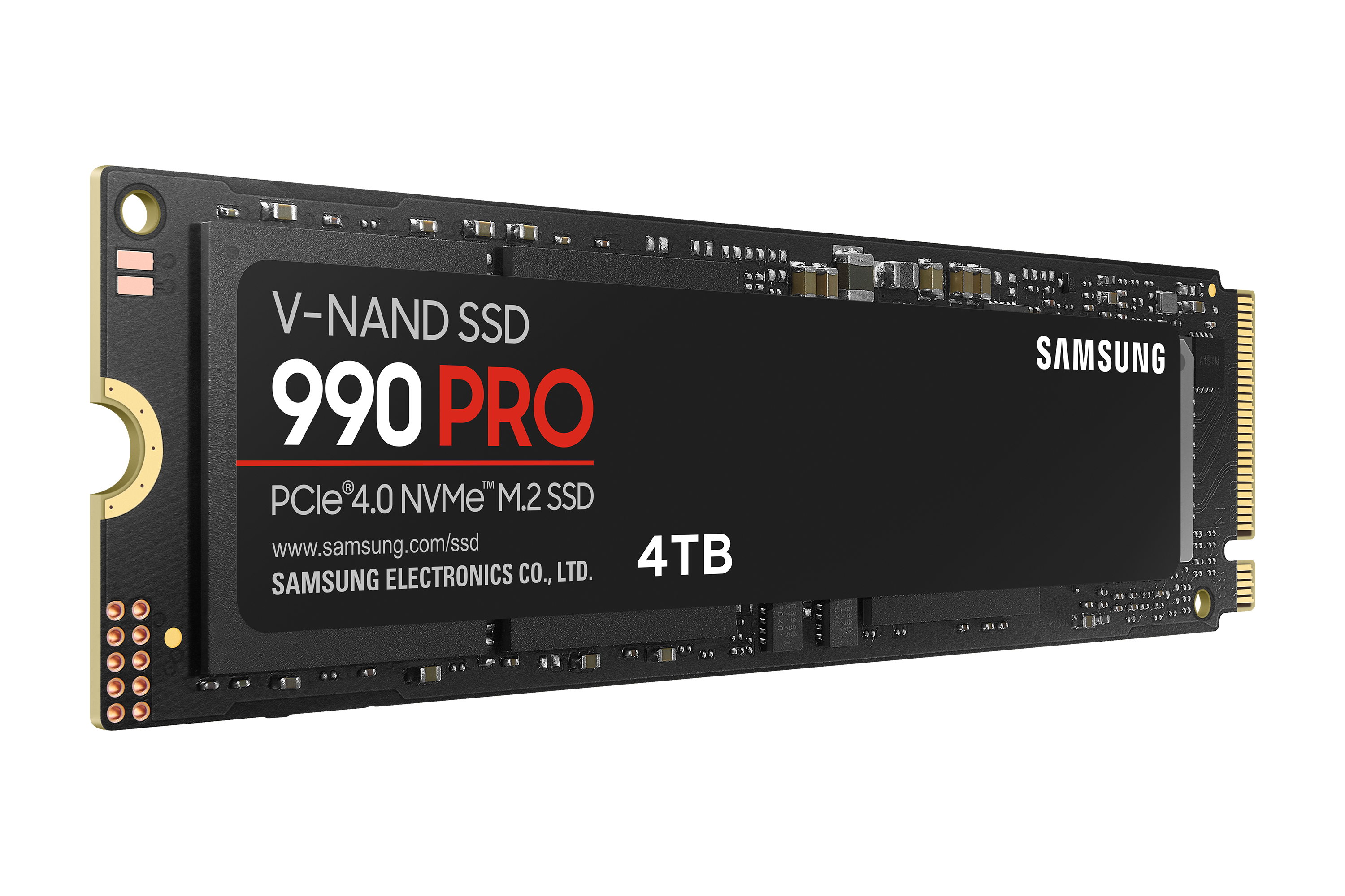Unidad SSD negra con etiqueta Samsung 990 Pro y conectores dorados.