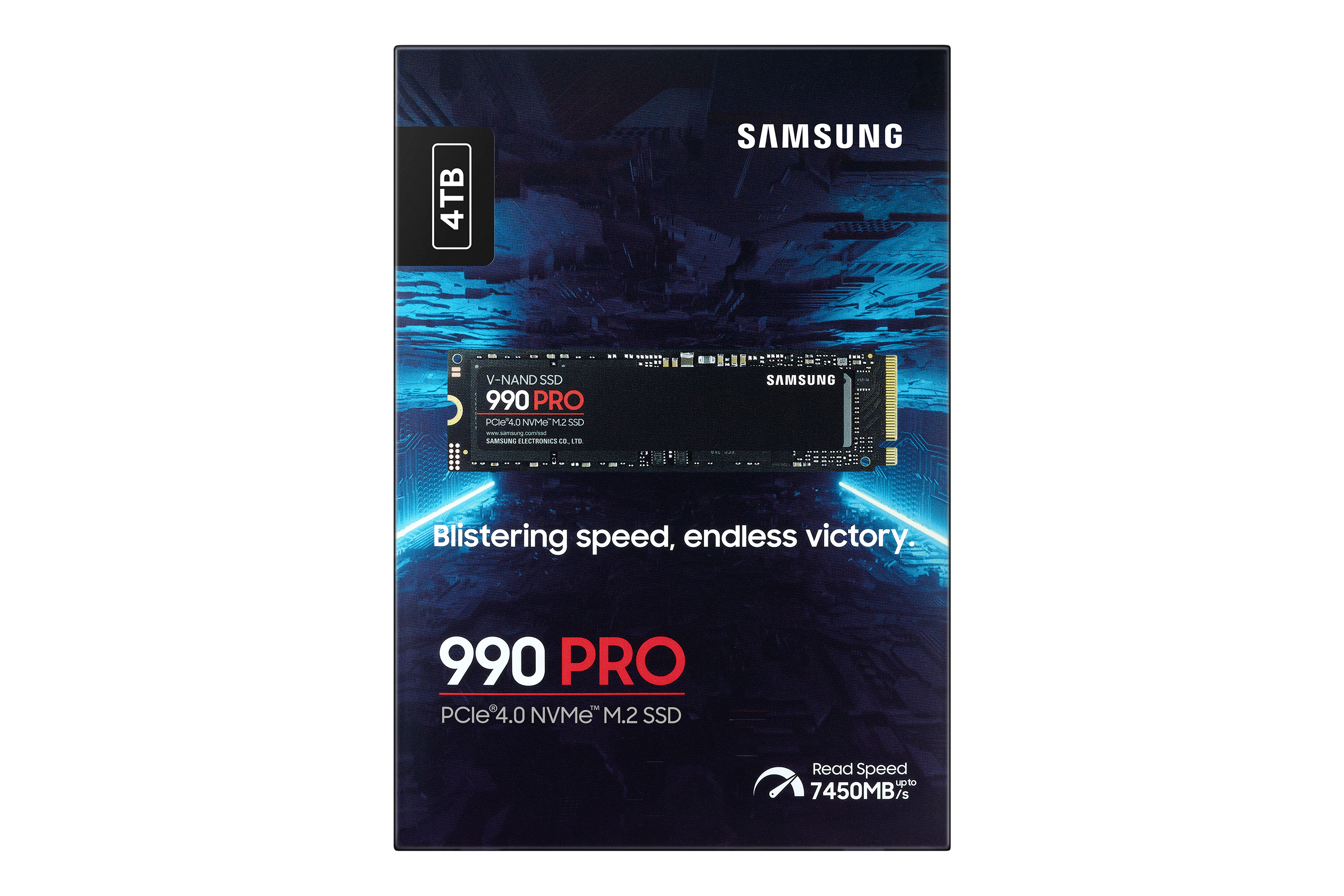 Samsung 990 PRO SSD en embalaje. Diseño negro y azul con texto en la caja.