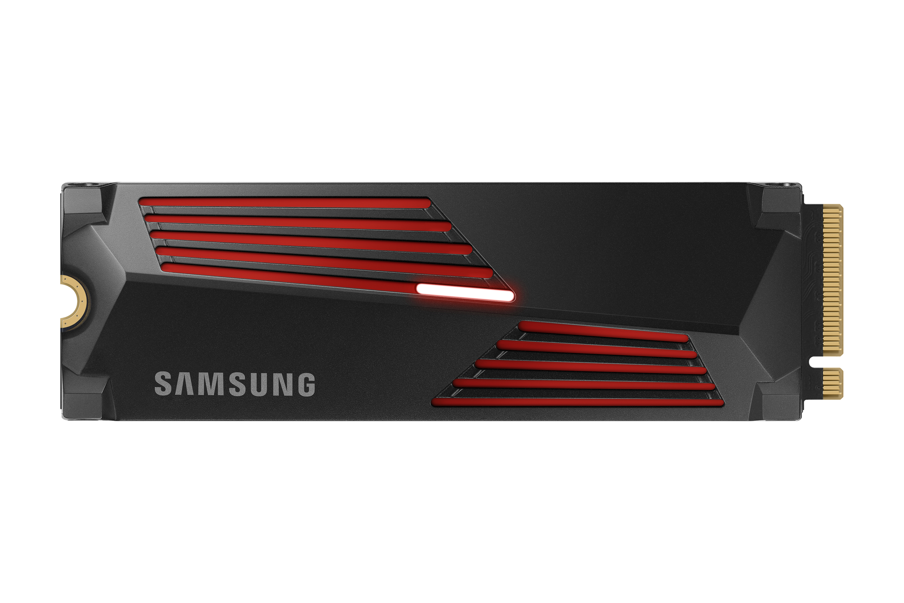 SSD Samsung negra y roja, diseño en ángulo, logotipo Samsung, luz roja.