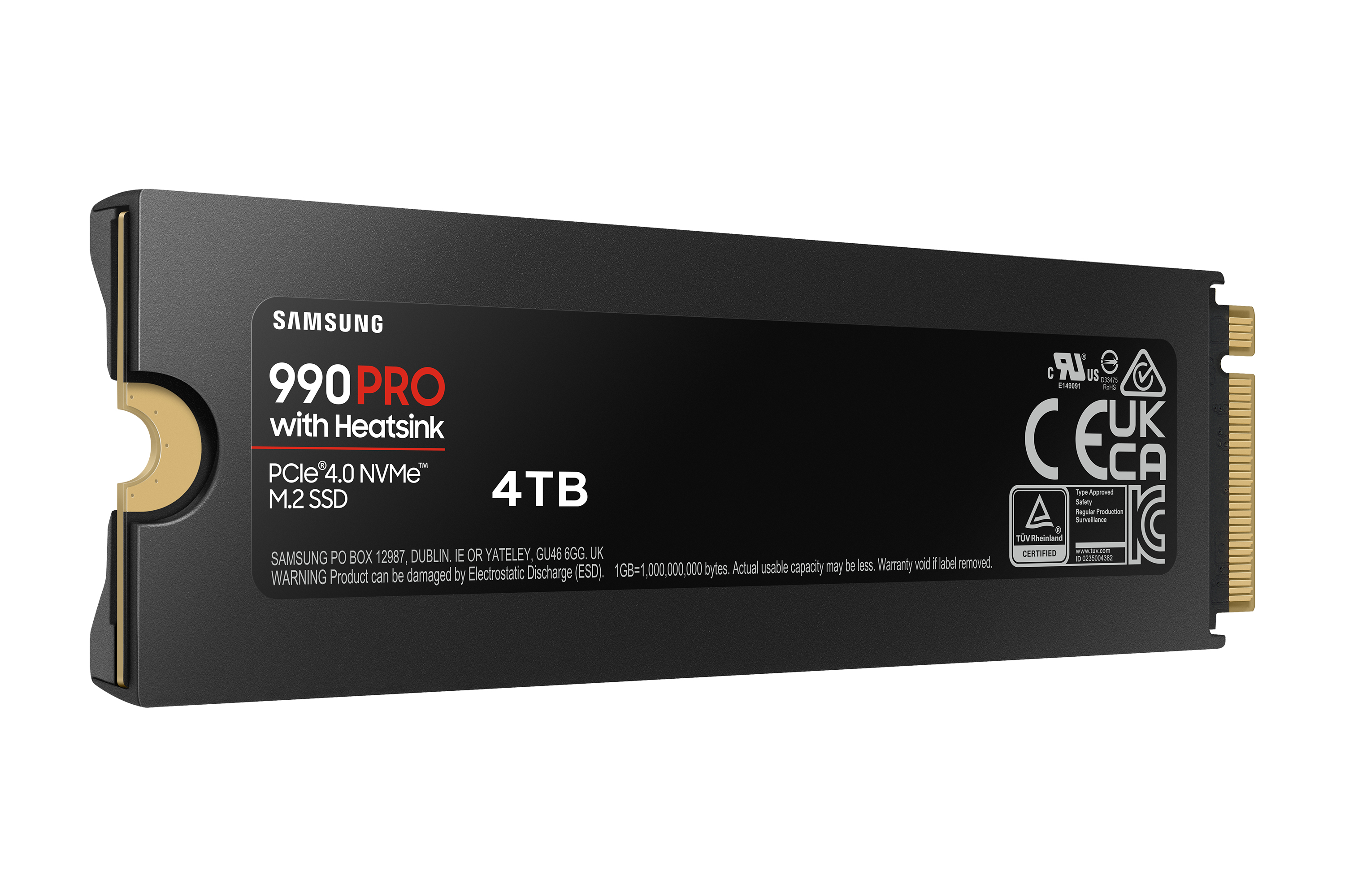 Un SSD Samsung 990 PRO negro de 4TB con disipador de calor, texto y etiquetas visibles.