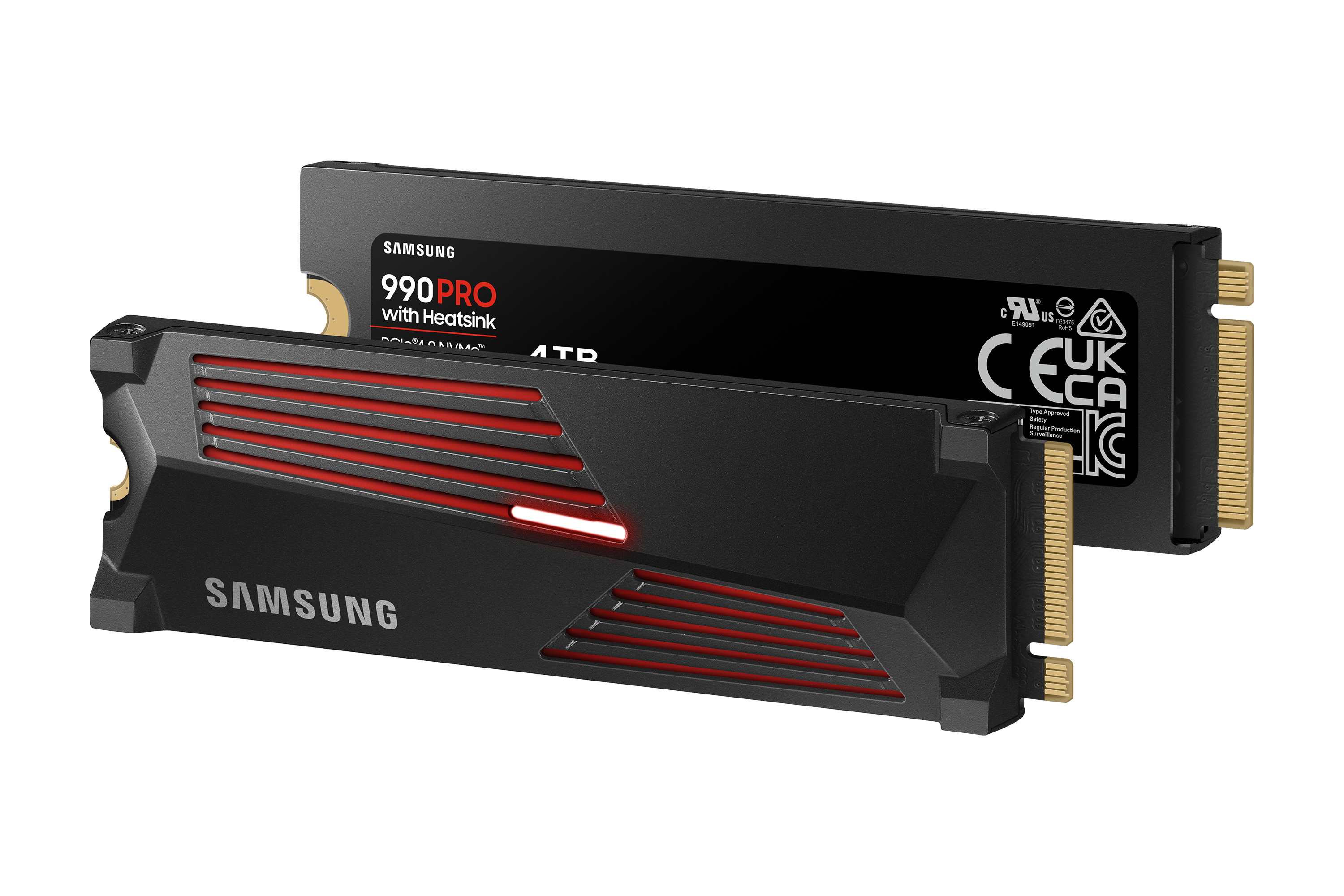 Dos SSD Samsung 990 Pro NVMe negros con disipadores de calor, en un fondo blanco.