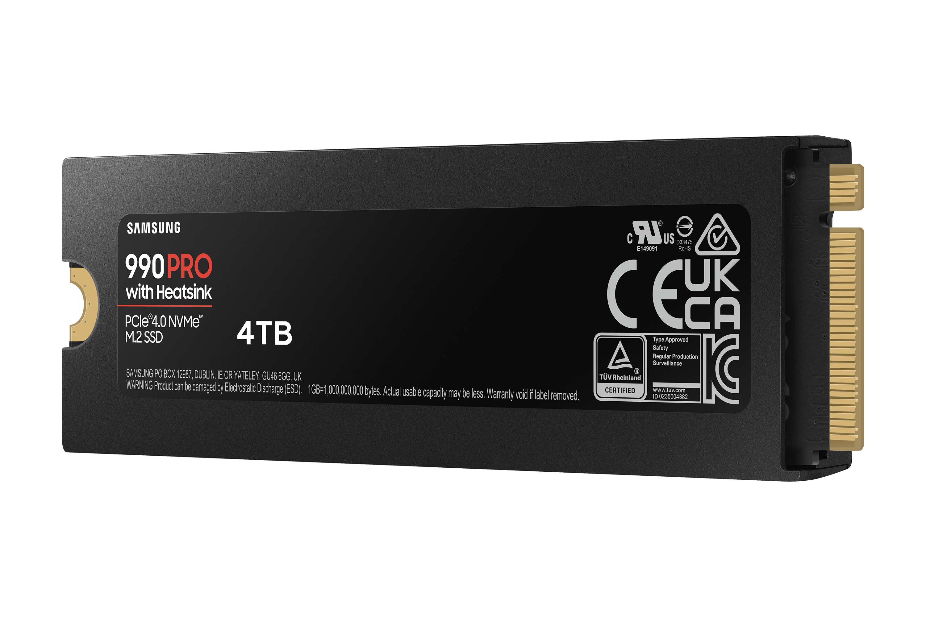 Unidad SSD con etiqueta: SAMSUNG 990 PRO, negro con disipador, vista en ángulo.