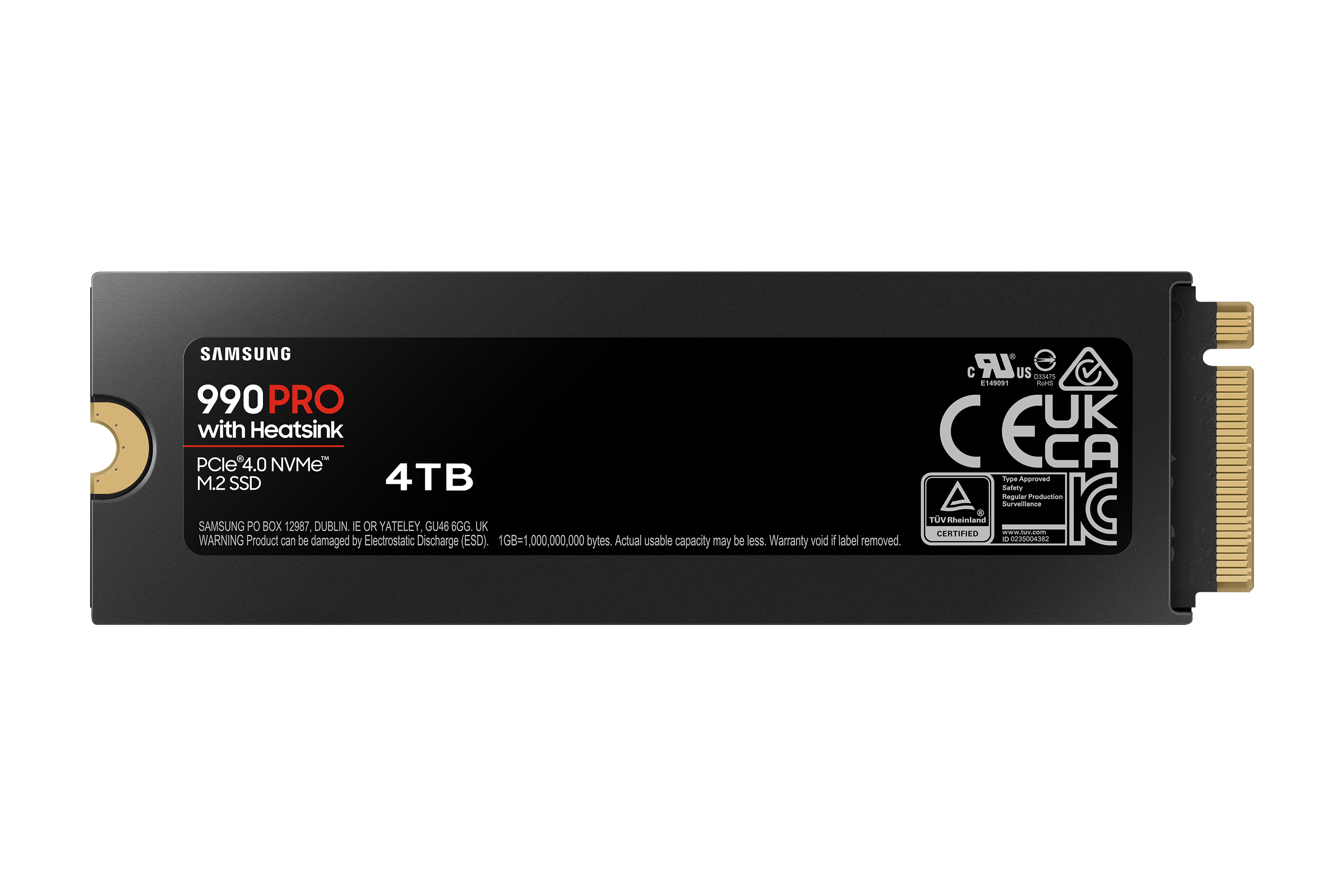 Unidad SSD negra con etiqueta Samsung 990 Pro y conectores dorados.